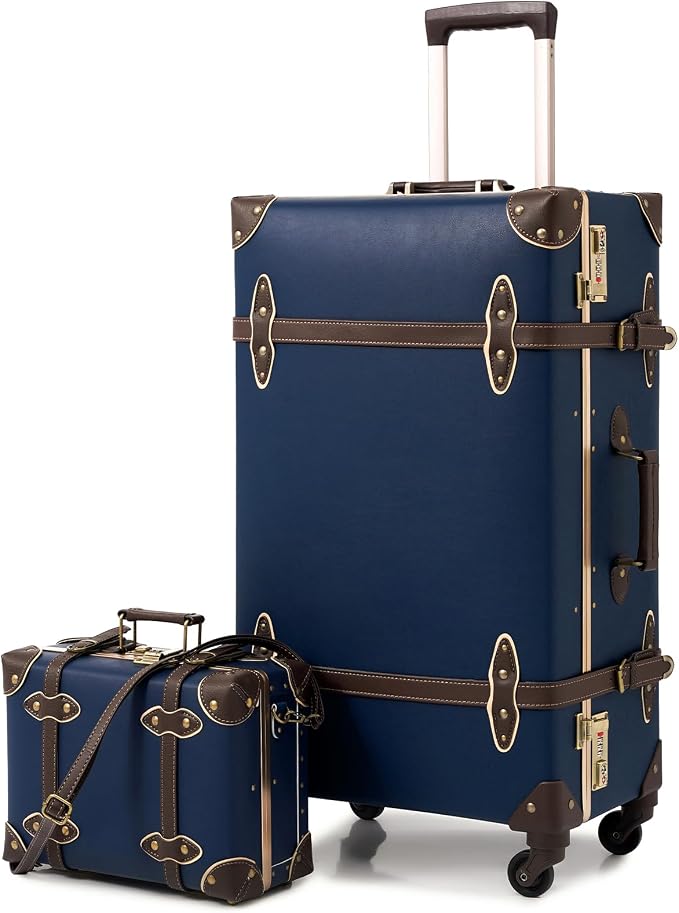 urecity 26" Vintage Luggage Set, 2 Piece Navy Blue Retro Checked Suitcase with Cosmetic Case, Luxury Vegan Leather Aluminum Frame Spinner Trunk for Women (with Protective Clear Cover) by urecity