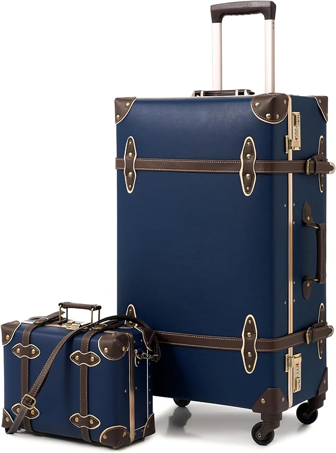 urecity 20" Navy Blue Vintage Luggage Set 2 Piece, Aluminum Frame Retro Carry On Suitcase with Cosmetic Case, Vegan Leather Spinner Trunk for Women (Clear Cover Included) by urecity