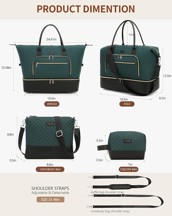 Weekender Bags for Women Travel, Under Seat Carry On Bags for Airplanes Overnight Bag with Shoe Compartment Luggage Sleeve, Foldie Travel Tote Bag Hospital Bag, Travel Gifts, DarkGreen Black - Image 3