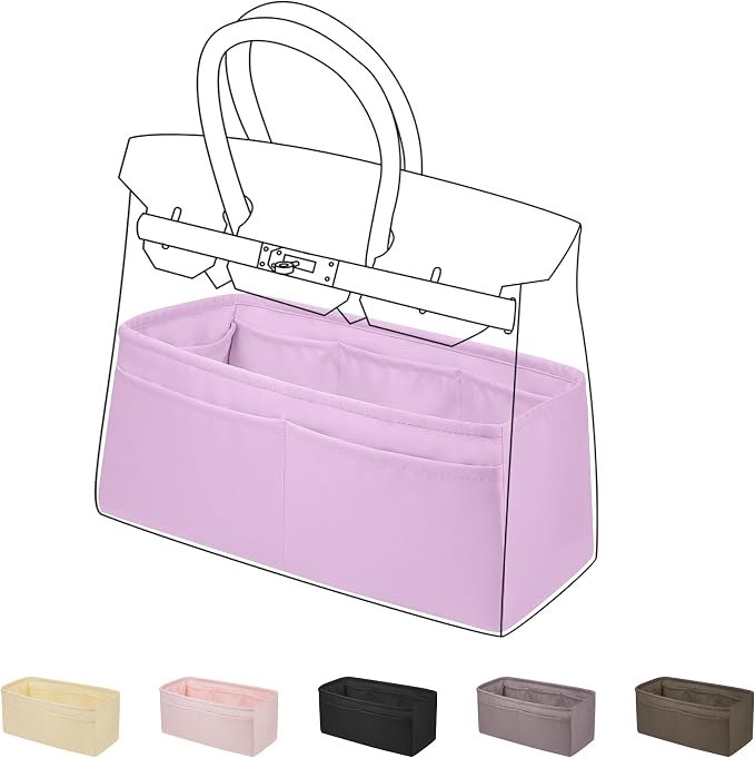 DGAZ Silk Purse Organizer Insert for Birkin Bag(Mauve Sylvestre,BK30) | Soft and Lightweight,Perfect Fit,Multi-pocket Storage,Bag Protector,Luxury Bag Care,Handmade,for Smooth Bag Organizer by DGAZ