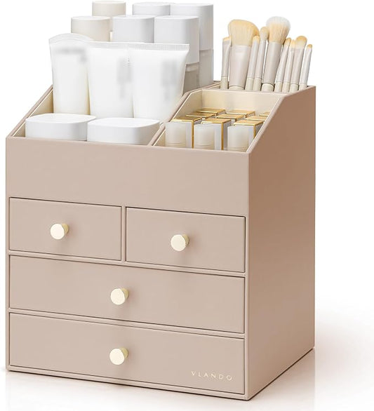 VLANDO Makeup Organizer,Vanity Organizer with Drawers, PU Leather Skincare Organizer Perfume Organizer,Large Cosmetic Display Case for Lipstick,Brushes Gifts for Women, Toffee, 4 Layer by VLANDO