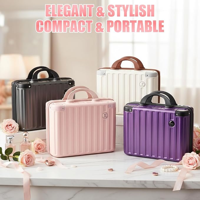 14 Inch Portable Waterproof Hard Shell Travel Makeup Case (Brown) | with Lock, ABS Scratch-Proof, Carrying Cosmetic Organizer Case with Elastic Band, Mini Suitcase Vanity Case for Women Girl - Image 2