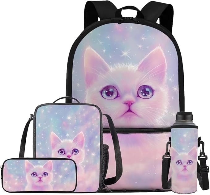 Aesthetic Galaxy Cat Backpack for School Girls Backpack with Lunch Box Water Bottle Bag and Large Pencil Case 4PCS Set 17" Bookbag with Front Pocket Lightweight School Bag for Kids Elementary by ELEDIZI