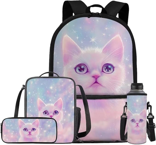 Aesthetic Galaxy Cat Backpack for School Girls Backpack with Lunch Box Water Bottle Bag and Large Pencil Case 4PCS Set 17" Bookbag with Front Pocket Lightweight School Bag for Kids Elementary by ELEDIZI