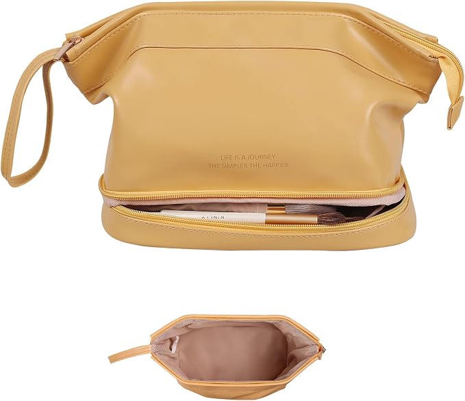 Abiudeng Large Capacity Makeup Bag Ladies Cosmetic Bag Travel Bag with Compartments Portable PU Leather Travel Makeup Bag with Handle by Abiudeng