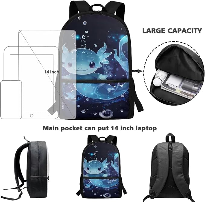 Blue Axolotl Backpack and Lunch Box for Girls 4-6/6-8/8-10 Kids Bookabags for 4th Grade Girls Elementary School Back Pack with Lunch Bag Pencil Case Middle Student Book Bag Set Schoolbag - Image 4