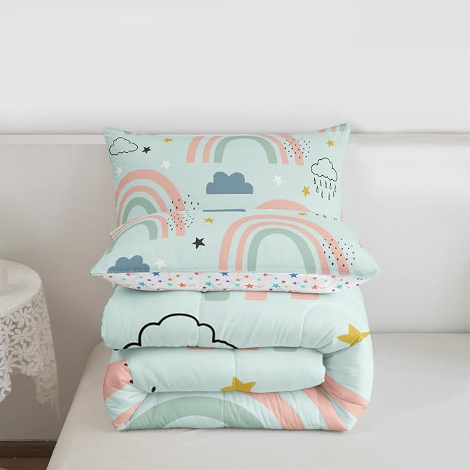 Rainbow Comforter Set For Girls, Cartoon Stars Cloud Quilt Kawaii Decor, Cute Rainbow Ripple Down Comforter For Kids Boys Child Women, Iridescent Stripes Bedding Set With 1 Pillow Case, Twin Size - Image 7