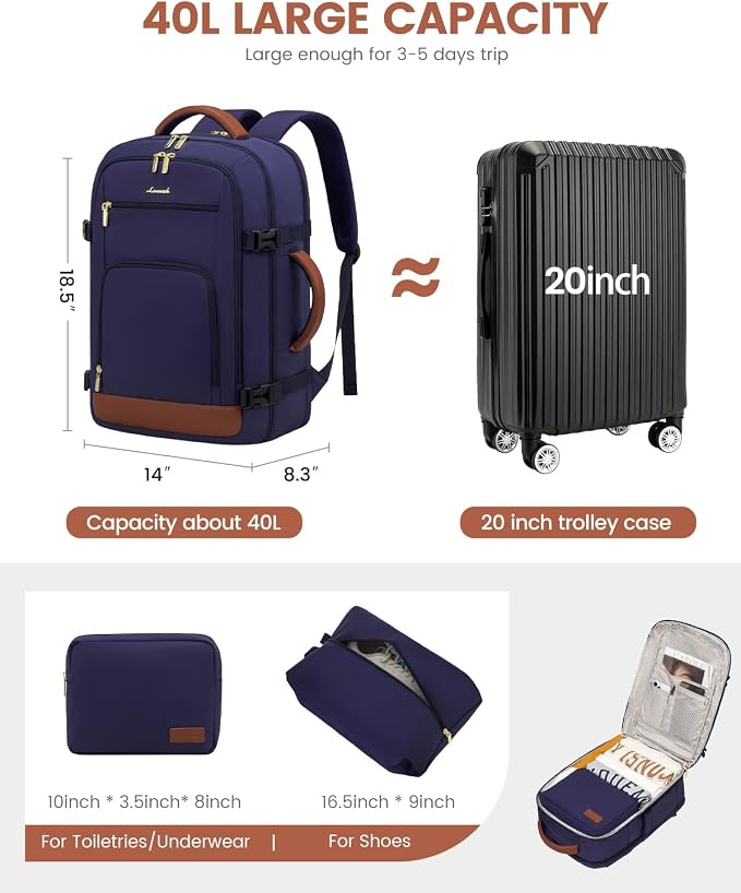 LOVEVOOK Travel Backpack For Women Flight Approved, 40L Large Carry On Backpack, Personal Item Travel Bag for Airplanes, Business 17 Inch Laptop Backpack, Weekender Overnight Daypack, With 2 Cubes - Image 3