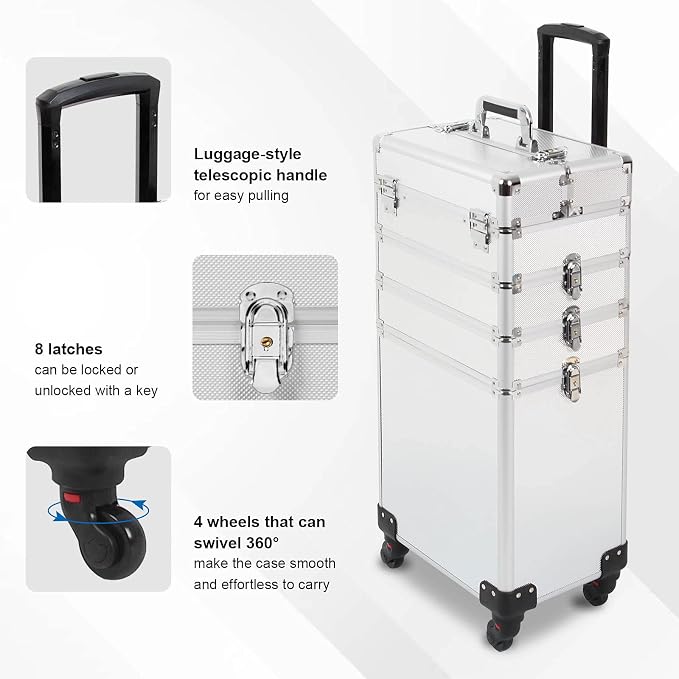 4 in 1 Rolling Makeup Train Case, Large Storage Cosmetic Trolley Makeup Travel Case with Key & Wheels Salon Barber Case Traveling Cart Trunk (SILVER) - Image 3