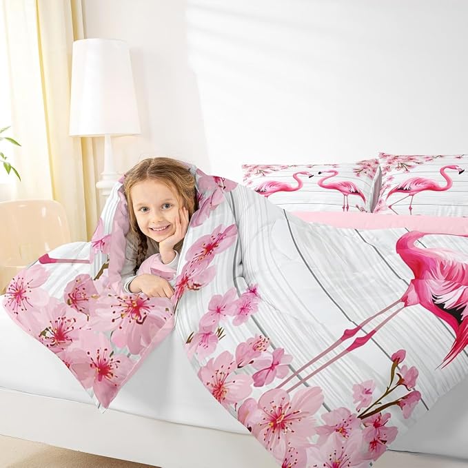 Erosebridal Flamingo Bedding Set King,Cherry Blossoms Comforter Set for Girls Boys Teens Women,Pink Tropical Bird Animal Comforter Flower Rustic Wooden Board Quilt Duvet Sets with 2 Pillow Cases - Image 5