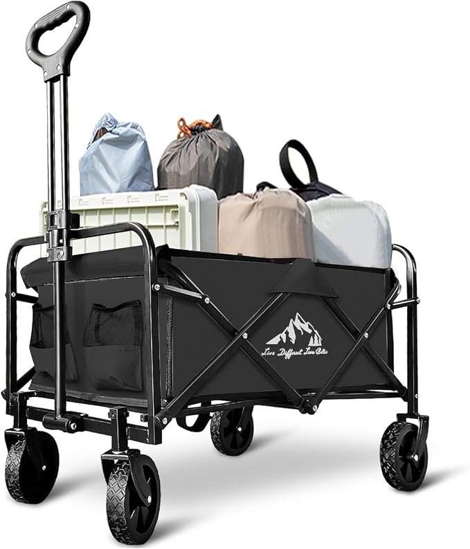 Collapsible Wagon with Quiet Wheels - Silent Grocery Shopping Cart for Seniors, Foldable Utility Cart for Laundry & Apartment, Washable Heavy Duty Rolling Wagon with Two Mesh Pockets, Black by SAILARYPatioFurniture