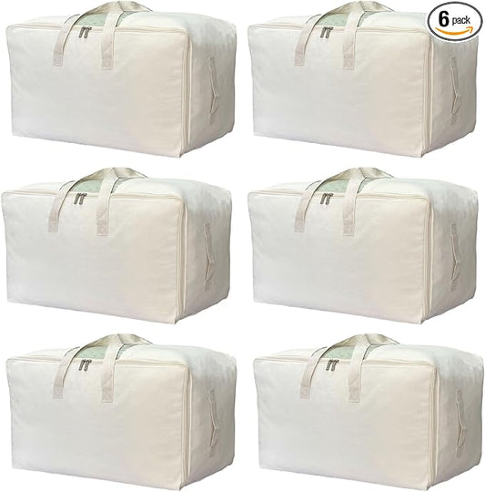 DoYiKe Soft Canvas Clothes Storage Bags with Four Carrying Handles and Clear Window, Closet Organizer for Clothing, Blankets Sheets and Bedding, 55L, 6 Pack, Beige by DoYiKe
