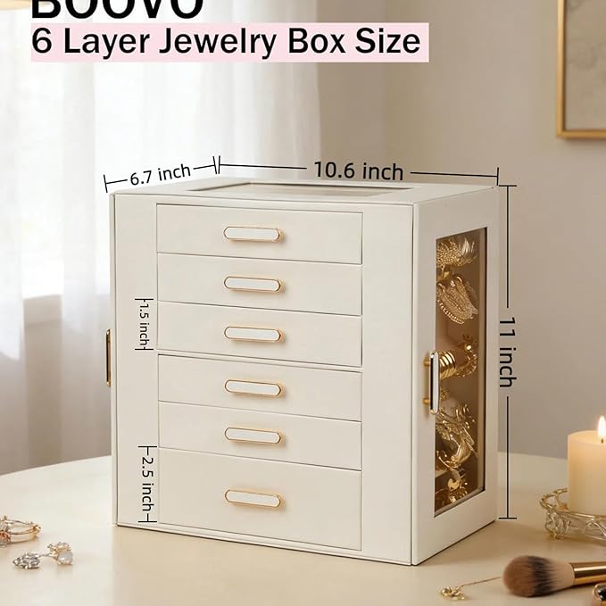 BOOVO Clear Lid Jewelry Box,6 Layers Jewelry Organizer Large Jewelry Storage Box with 6 Drawers,Jewelry Holder Organzier of Rings Earrings Necklace Bracelets for Women (White, 6 Layer) - Image 2