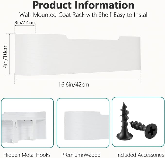 Coat Rack Wall Mount with Shelf 4 Hidden Hooks Modern Wooden Key Holder Entryway Organizer for Hallway Bedroom Bathroom Home Decor Storage for Hanging Coats Hats Bags Towels, White - Image 3