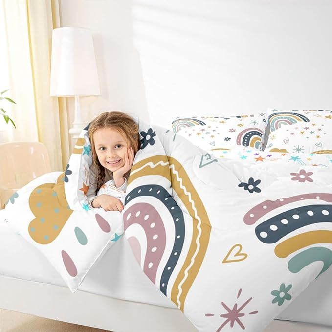 Girls Rainbow Comforter Set Twin Size, Kawaii Decor Bedding Set For Kids Boys Children Teens Bedroom Decor, Iridescent Sun Duvet Insert Hand Drawn Rainbow Down Comforter All-Season Quilt, Colorful - Image 6