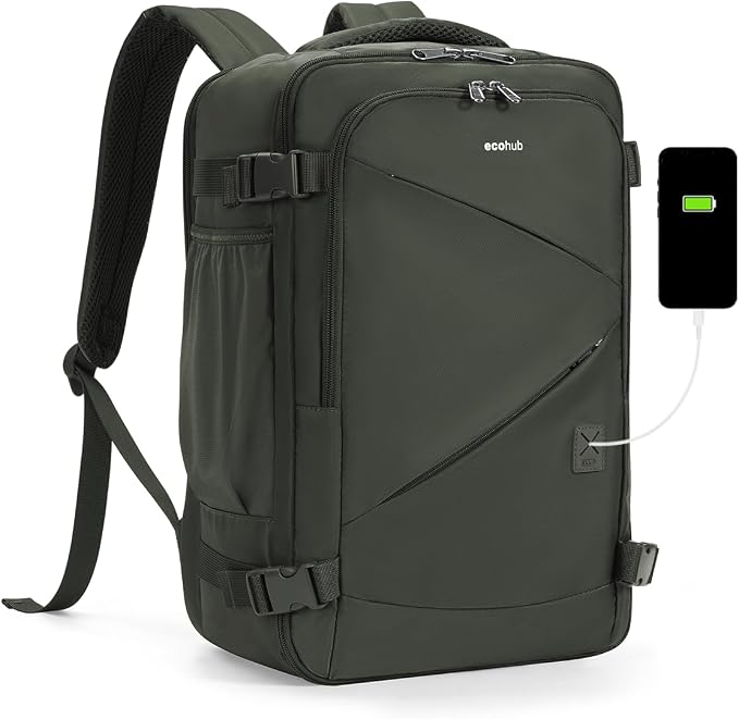 ECOHUB 17" Small Unisex Travel Backpack United Airlines Approved 17x10x9 Friendly Suitcase Anti-Theft Lockable Zippers Style Personal Item Bag Travel Essentials with 12 Pockets Water Resistant, Green by ECOHUB