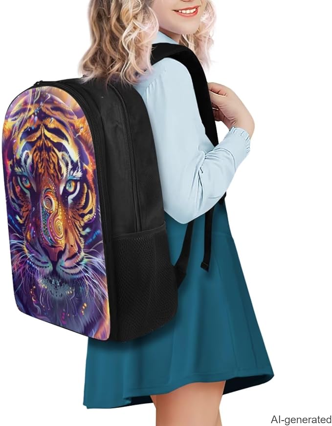 Tiger Backpack for Kids Girls Backpack with Lunch Box Water Bottle Holder and Soft Pencil Case 4PCS Bookbag with Compartments 17 inch Sturdy School Bag with Side Pocket for Elementary Girls - Image 2