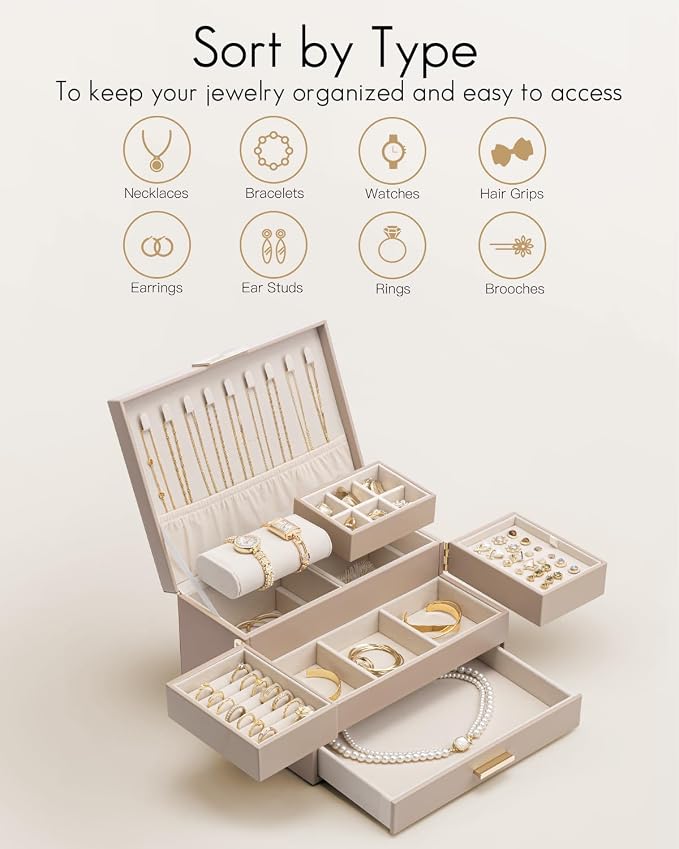 VLANDO 3 Layer Jewelry Box - Women Jewelry Box with Retractable Tray - Jewelry Organizers with Drawer for Necklaces, Rings, Bracelets, Earrings, Gift for Couples Mom Girls - Toffee - Image 6