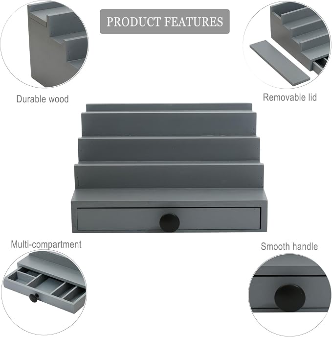 4 Tier Men's Cologne Organizer, Gray Wooden Display Stand with Drawer | Tiered Cologne Display Shelf, Rack and Tray, Drawer Storage, Countertop Dresser Organizer, Mens Room Decor, Gift for Men - Image 4