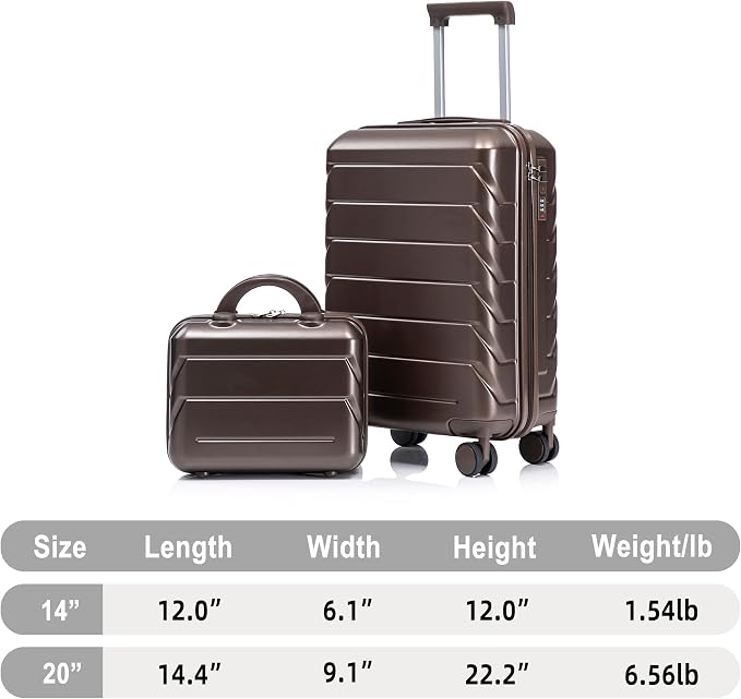 Gradient Color Suitcase 2-Piece Set, 20" Rotating Wheel Suitcase with 14" Cosmetic Case, Lightweight Durable Hardshell Luggage with 360° Spinner Wheels for Travel, Women & Girls (Brown-1) - Image 8