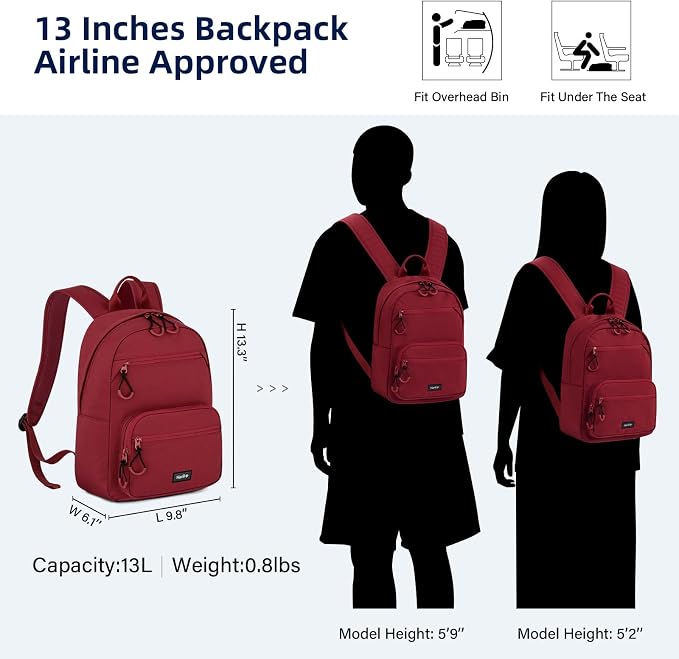 HanTrip Carry On Travel Backpack For Men Women, 13 Inch Small Mini Work Bag Personal Item Backpacks, Camping Back Pack Lightweight Hiking Daypack For Office Nurse Commuter (Burgundy) - Image 2