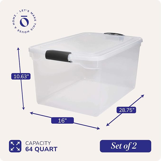 HOMZ Secure Latch Clear Plastic Storage Organizer Bins, 64 Quart, 2-Pack | Gray Latches - Stackable Container Boxes for Bedroom, Bathroom, Garage, and Office Organization - Image 4