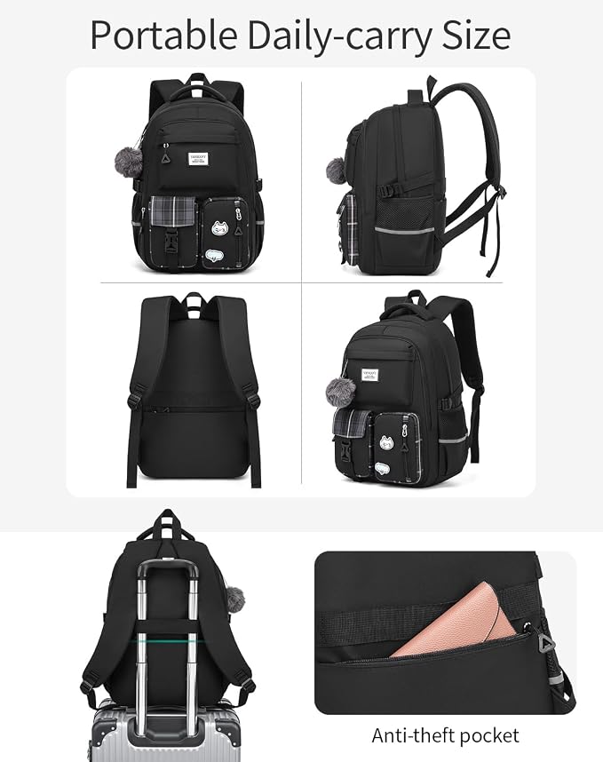 Large School Backpack for Teen Girls, Big Student Laptop Backpack Aesthetic Bookbags for College Women Elementary Middle High School Travel Mochilas Escolares, Black - Image 5