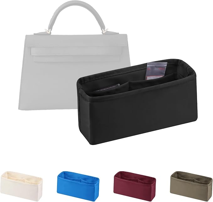 Women's Purse Organizer Insert - Satin & Lightweight Fabric with Inside Pockets, Portable for Commute, Travel, Shopping, and Evening, Multicolor Options, Fits for Kelly 20(Black, KL20) by KINGSINBAG