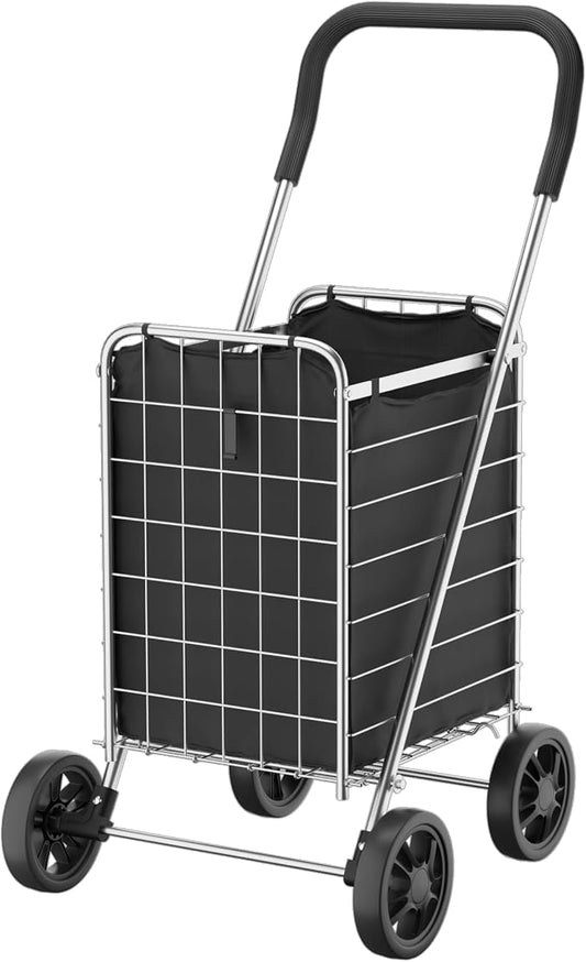Whitmor Foldable Utility Shopping Cart with Wheels, 60Lb Capacity, Heavy Duty Grocery Cart with Steel Frame, Foam Handle, Rolling Utility Cart for Grocery, Laundry, Travel, Sliver/w Liner by Whitmor