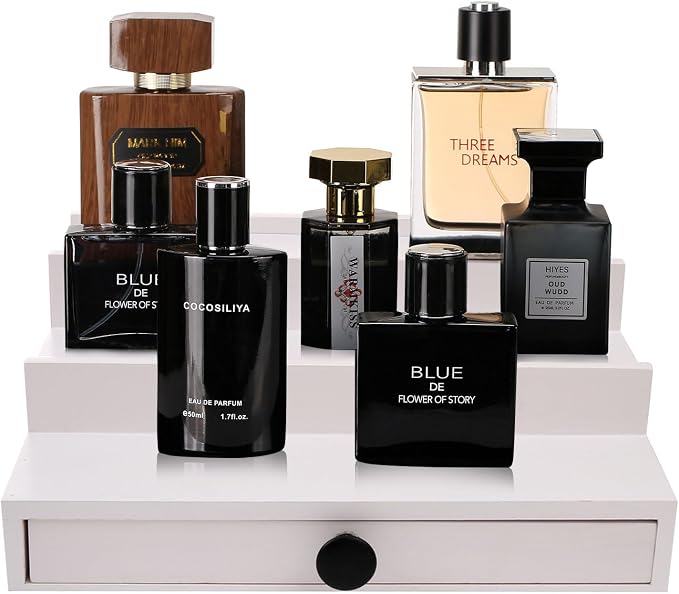4 Tier Men's Cologne Organizer, White Wooden Display Stand with Drawer | Cologne Shelf and Rack, Perfume Tray, Hidden Storage, Multi-compartment, Dresser Display, Birthday Christmas Gift for Men - Image 2