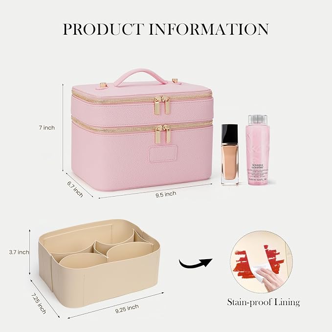 HiTotes Large Makeup Bag Duo Vanity Case for Women Leather Makeup Case Travel Toiletry Bag Portable Double Layer Cosmetic Bag - Image 2