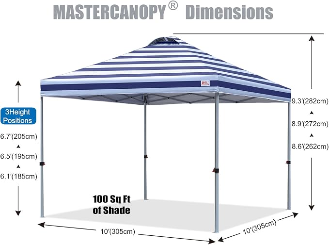MASTERCANOPY 10x10 Pop Up Canopy Tent, 1 Person Setup Instant Shelter,Outdoor Portable Beach Canopy with Roller Bag, 4 Sandbags, 4 Ropes, 8 Stakes (10x10, Navy Blue Stripe) - Image 2