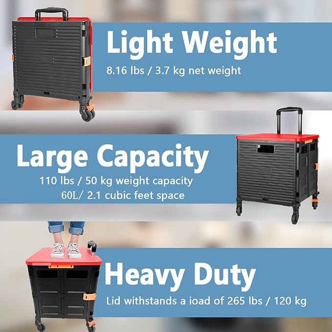 FELICON SELORSS Foldable Utility Cart Folding Portable Rolling Crate-Red | Heavy Duty,Telescoping Handle,4 Rotate Wheels,Collapsible Handcart for Travel Shop Move Luggage Laundry Teacher Office Use - Image 3