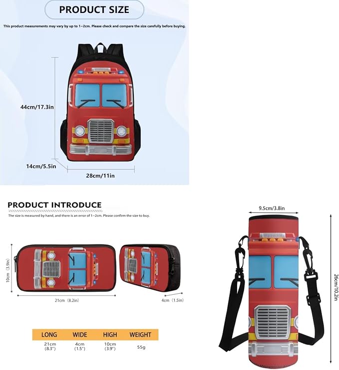 Kids 4 Piece Fire Truck Backpack Set of Thermal Lunch Box Pencil Box Water Bottle Holder, Lightweight School Book Bag, Kids Boys Daypack Everyday Pack for School - Image 7