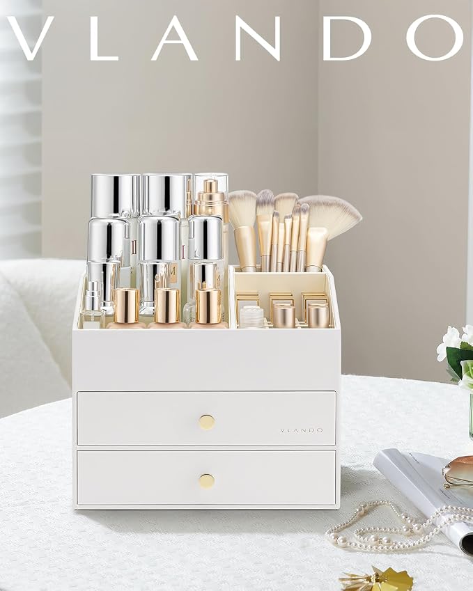 VLANDO Makeup Organizer for Vanity,Large Capacity Countertop Organizer with Drawers, PU Leather Cosmetic Display Case for Lipstick,Brushes,Skincare,Nail polish and Bedroom Storage (White) - Image 7