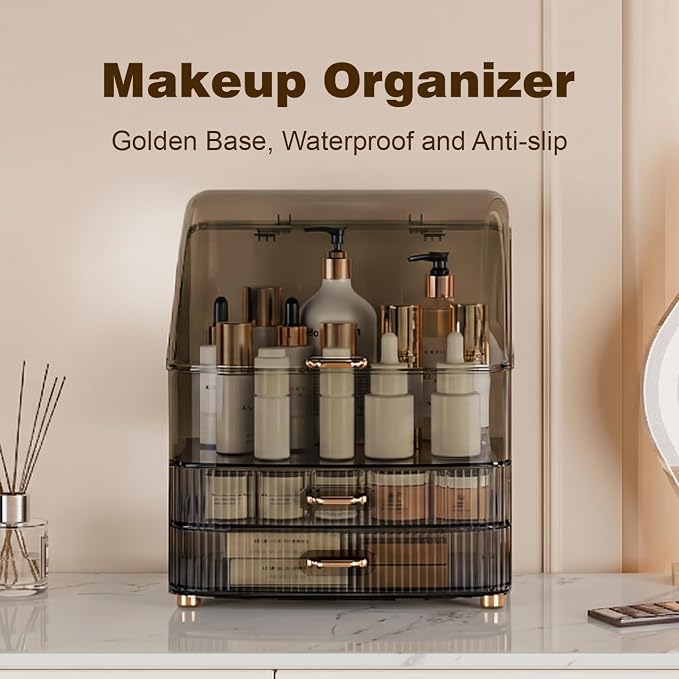 Makeup Organizer Countertop Vanity with Transparent Lid Drawers Waterproof Dustproof Cosmetic Skincare Bathroom Storage Gift for Women Teens Girls (Clear Black) - Image 2