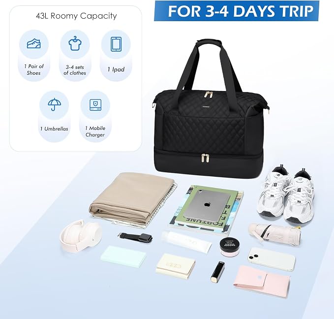 MDODO Travel Duffel Bag for Women Weekender Overnight Carry on Tote with Shoe Compartment Wet Pocket for Business Trips Travel Sports Gym Yoga Hospital, 3 Pcs Set, 43L, Black, Water-Resistant Nylon - Image 9