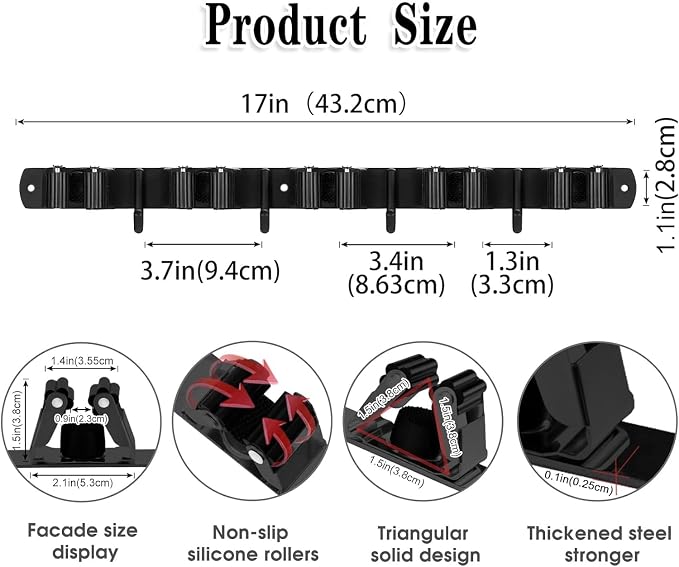 Black 5 Racks and 4 Hooks Mop and Broom Holder Wall Mount, Broom Organizer Storage Tool Racks Stainless Steel Heavy Duty Hooks Self Adhesive Solid Non-slip for Home Kitchen Garden Laundry Garage - Image 3