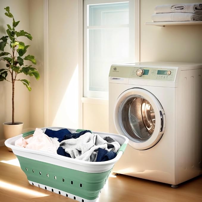 SAMMART 42L (11 gallon) Collapsible Plastic Laundry Basket - Foldable Pop Up Storage Container/Organizer - Portable Washing Tub - Space Saving Hamper/Basket (Grey/Dark Sea Green) - Image 2
