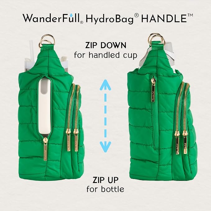 WanderFull Original HydroBag Handle® | Large Water Bottle Holder with Strap & Zipper Slot for Handle | Crossbody Tumbler Carrier Bag with Organizer Pockets | Kelly Green, Pink & Green Striped Strap - Image 7