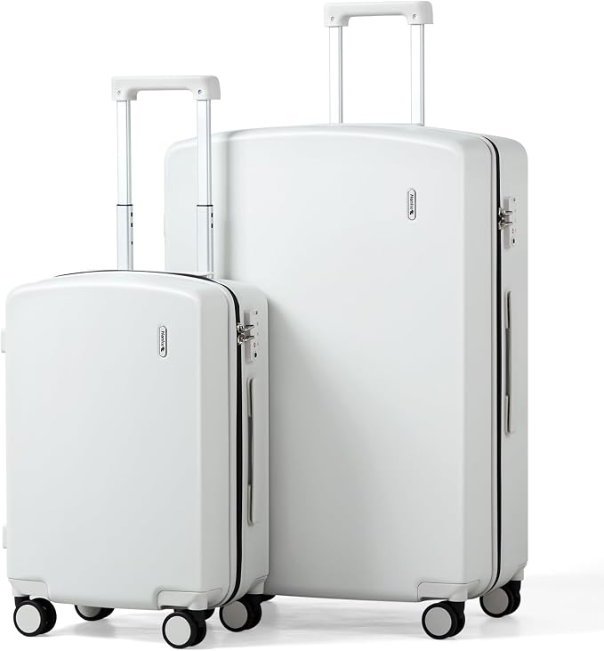 Hanke Hard Shell Luggage Sets 2 Pieces, Carry On and Checked Luggage Sets with Spinner Wheels, Durable PC Hardside Rolling Suitcase for Travel (20/28 Inch, Smoke White) by Hanke