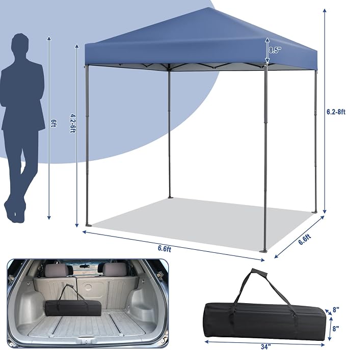 6.6 x 6.6 Ft Pop Up Canopy, 1 Person Instant Setup Canopy Tent with Push Center Lock, 8 Stakes, 4 Ropes & Carrying Bag, Portable Easy Up Gazebo Shelter for Outdoor Camp, Beach, Patio & Party - Image 7