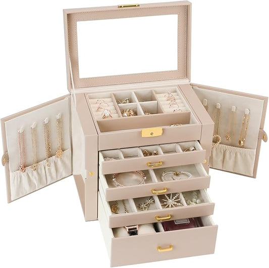 Jewelry Box, Women's Jewelry Organizer with Mirror, 5 Layers & 4 Drawers, Apricot by V-LafuyJewelryBox