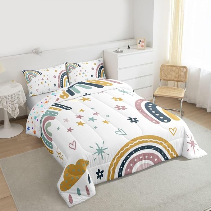 Girls Rainbow Comforter Set Queen Size, Kawaii Decor Bedding Set For Kids Boys Children Teens Bedroom Decor, Iridescent Sun Duvet Insert Hand Drawn Rainbow Down Comforter All-Season Quilt, Colorful - Image 4