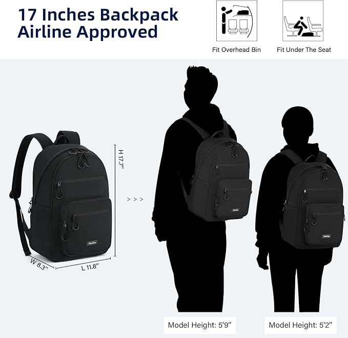 HanTrip Carry On Travel Backpack For Women, 18 Inch Water Resistant Large Backpack Lightweight Bookbag For Men, 8x14x18 Personal Item Bag Casual Daypack Backpacks For Work Office Commuter (Black) - Image 2