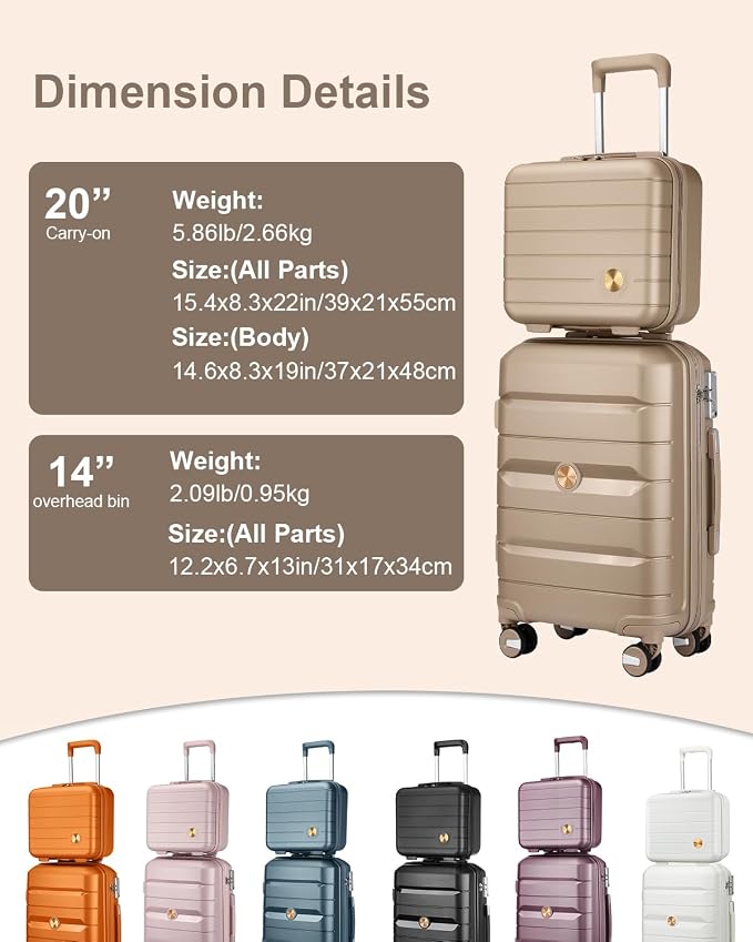 Somago 20 Inch Carry On Luggage Sets Hardside Suitcase with Double Spinner Wheels and TSA Lock YKK Zipper (Noble Golden,14/20) - Image 4