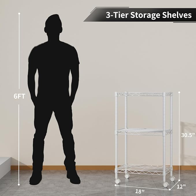 Golpart Small 3 Tier Shelves Storage Wire Shelving Unit Metal Shelf Adjustable Organizers Storage Shelving with Wheels for Bathroom Laundry Room Kitchen Pantry11.7”D x 17.7”W x 30.7”H White - Image 3