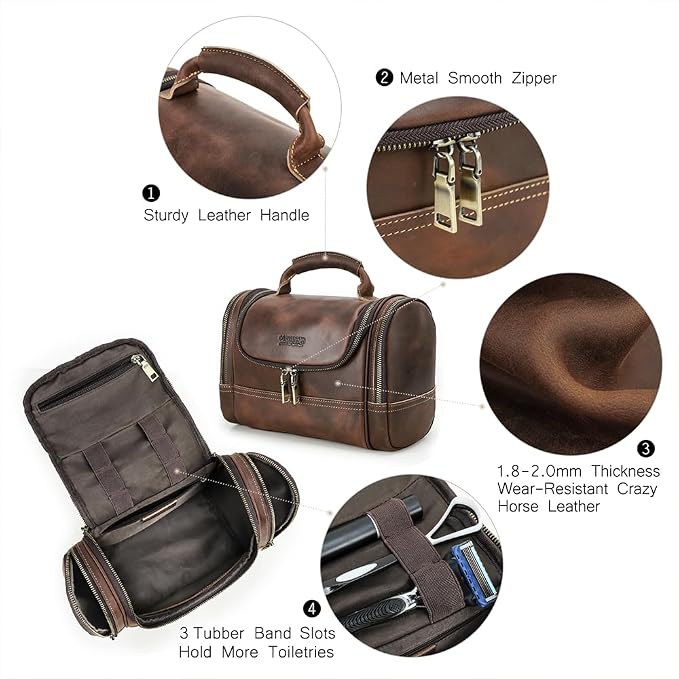 CONTACTS Crazy Horse Leather Toiletry Bag for Men Travel Bathroom Shaving Dopp Kit Toiletries Organizer Vintage Brown Cosmetic Bag Handbag - Image 6