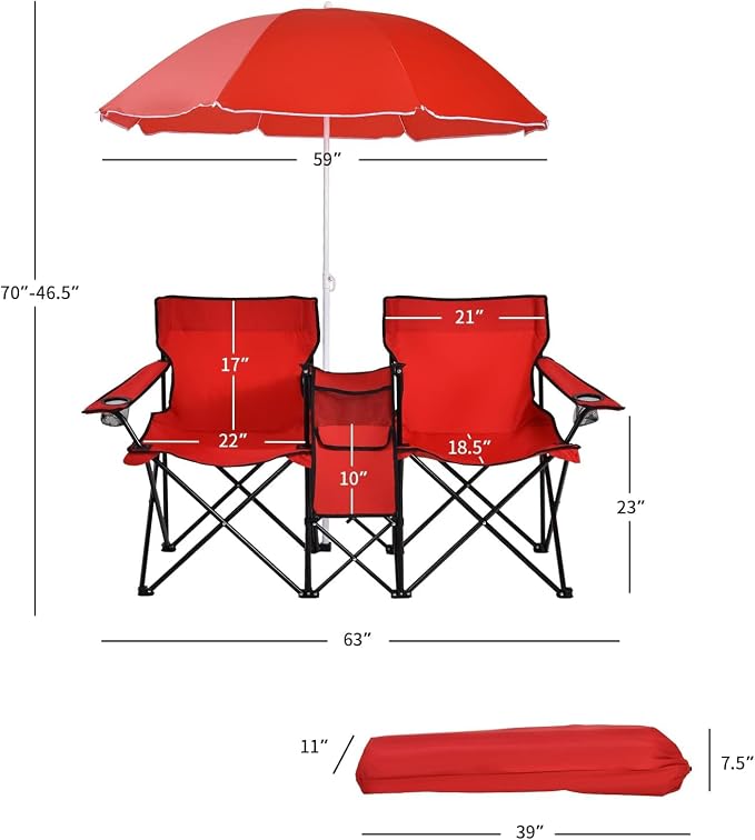 Goplus Double Camping Chair with Umbrella, Folding Loveseat Chairs w/Canopy Shade, Carrying Bag, Table, Cup Holder, Portable Beach Chairs Outdoor Picnic Patio (Red) - Image 2