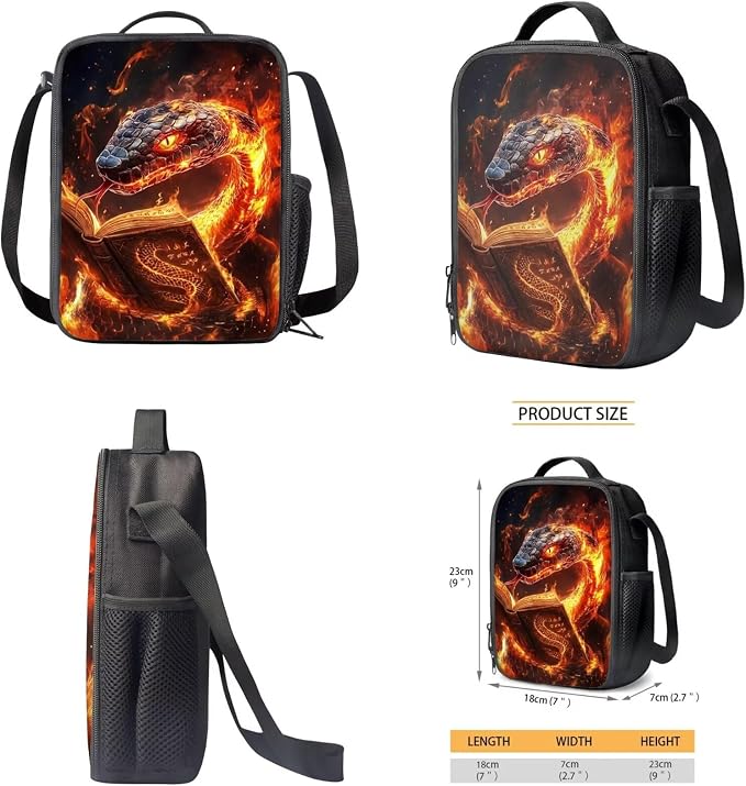 Reading Boys Snake School Backpack 4Pcs Set with Insulated Lunch Box Pencil Case Water Bottle Holder 17 Inch Cool Fire Snake Bookbag Ages 5-12 Grades K-6 Back to School Birthday Gifts - Image 5